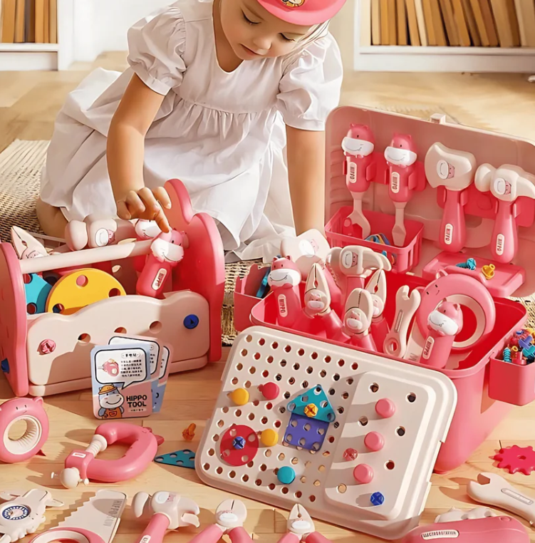 Établi Montessori Hippo 92 Pièces – Coffret Outils Enfant avec Perceuse Électrique (Bleu)