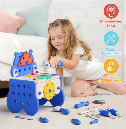 Établi Montessori Hippo 92 Pièces – Coffret Outils Enfant avec Perceuse Électrique (Bleu)