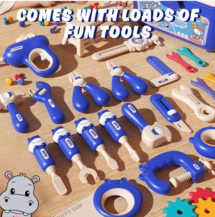Établi Montessori Hippo 92 Pièces – Coffret Outils Enfant avec Perceuse Électrique (Bleu)