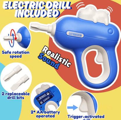 Établi Montessori Hippo 92 Pièces – Coffret Outils Enfant avec Perceuse Électrique (Bleu)