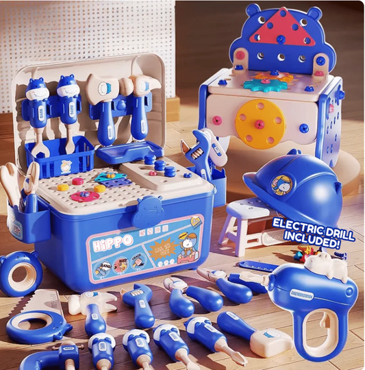 Établi Montessori Hippo 92 Pièces – Coffret Outils Enfant avec Perceuse Électrique (Bleu)